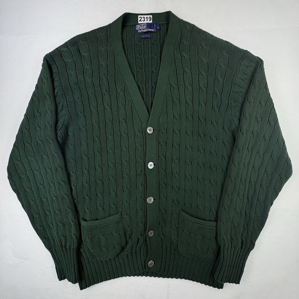 Vintage Polo Ralph Lauren Cardigan Mens Med Green Cable Knit Cotton Hong Kong